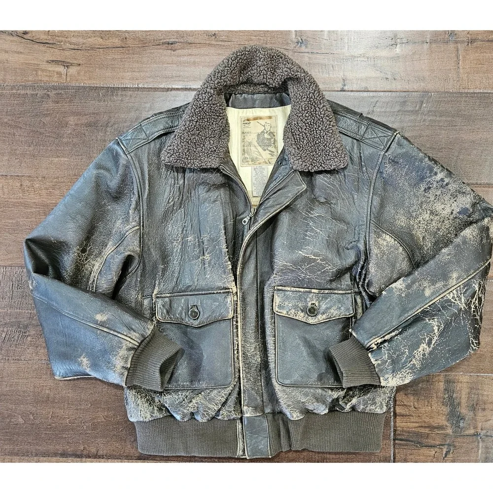 VTG Distressed Arizona Military XL Leather Bomber Flight Jacket Brown Sherpa